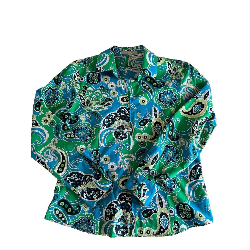 Foxcroft Wrinkle-Free Green Paisley Fitted Zip Front Shirt Jacket Womens 8